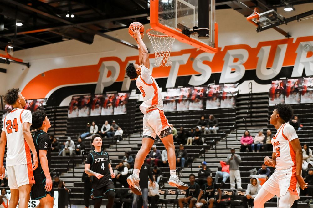 Sequence of basketball action shots showing players in orange uniforms performing athletic moves.