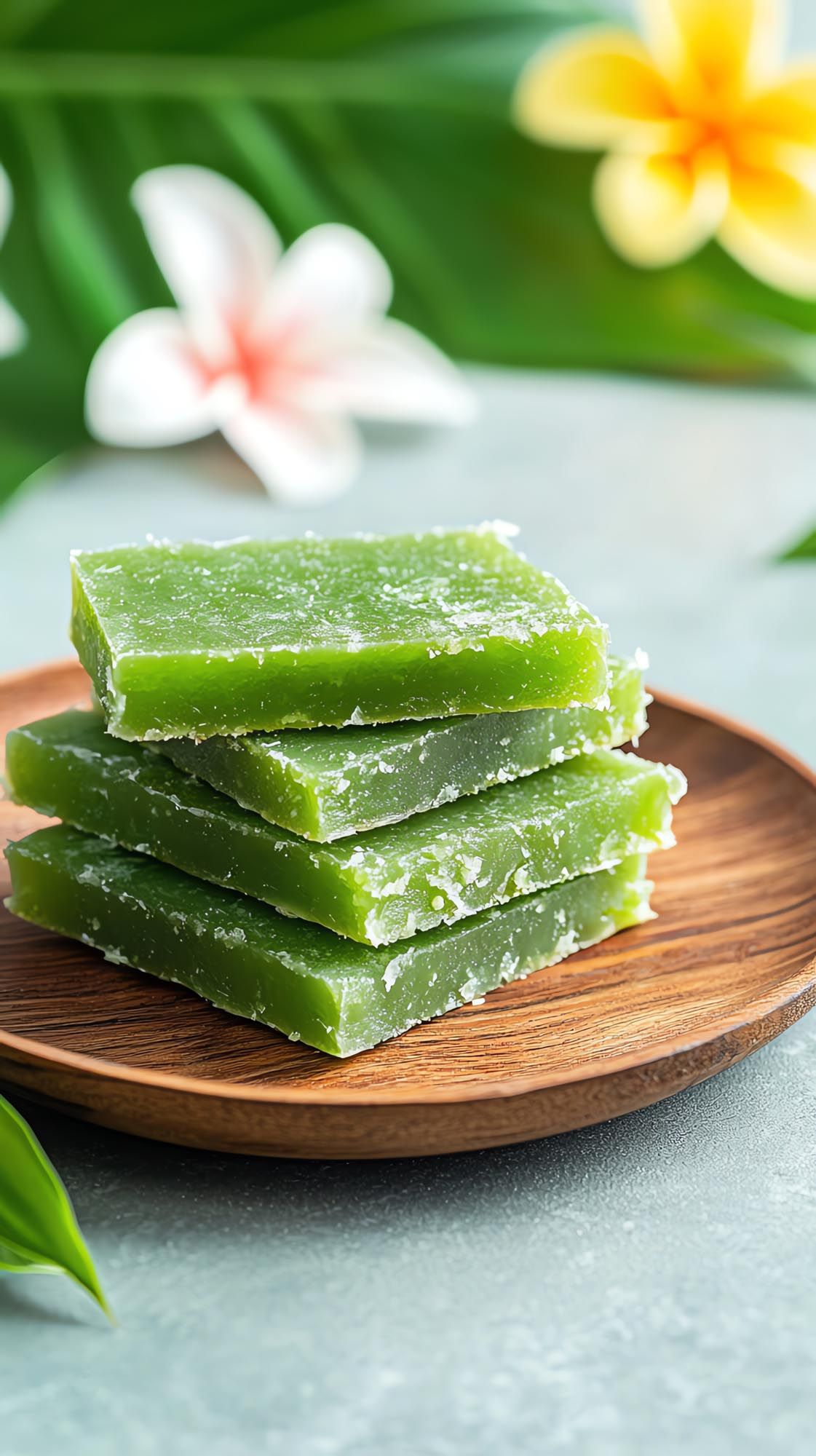 Stack of bright green coconut candy bars on wooden plate with tropical plumeria flowers in background.