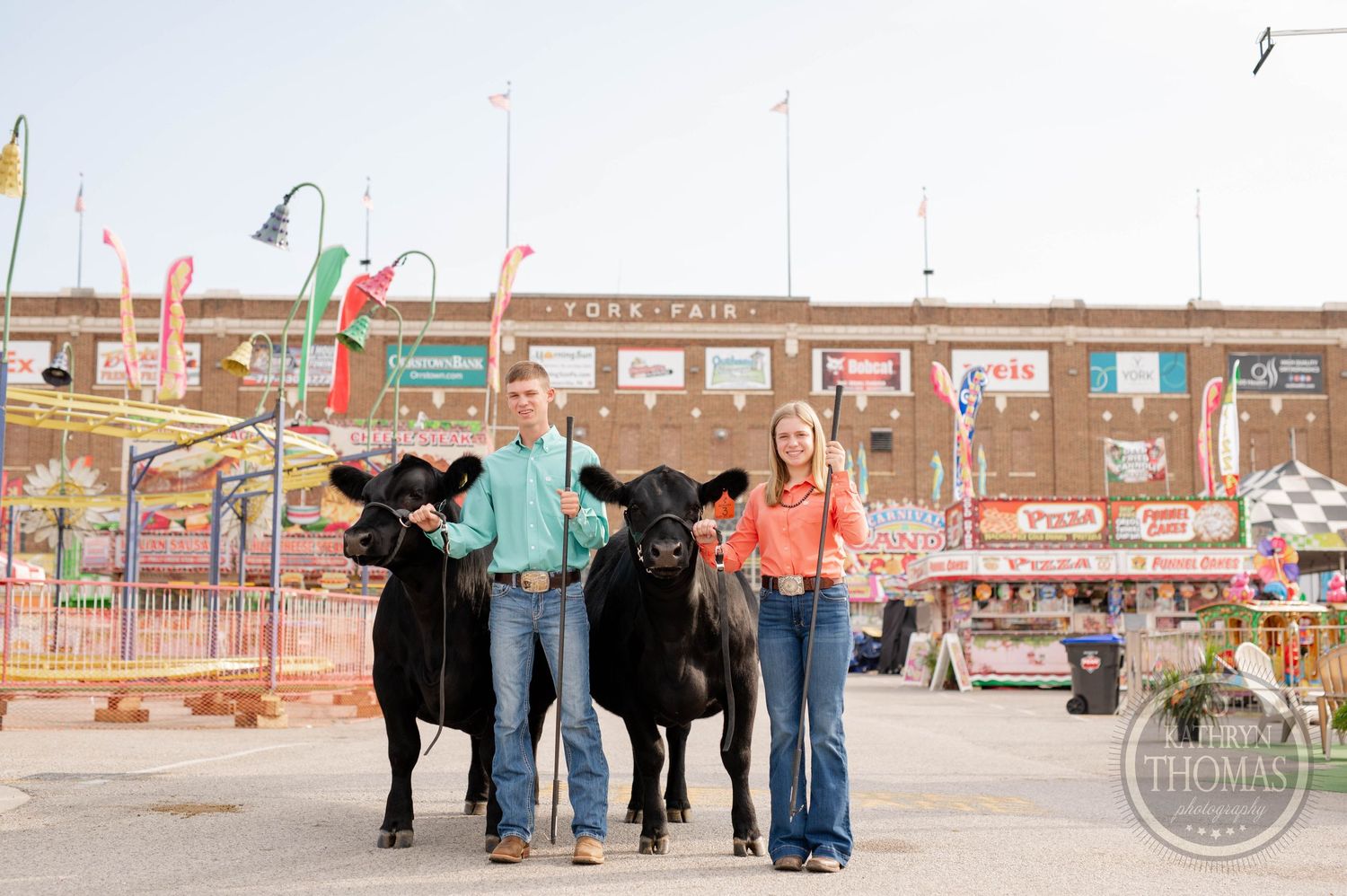 Two black show cattle stand with their handlers at the state fair with carnival rides in background.