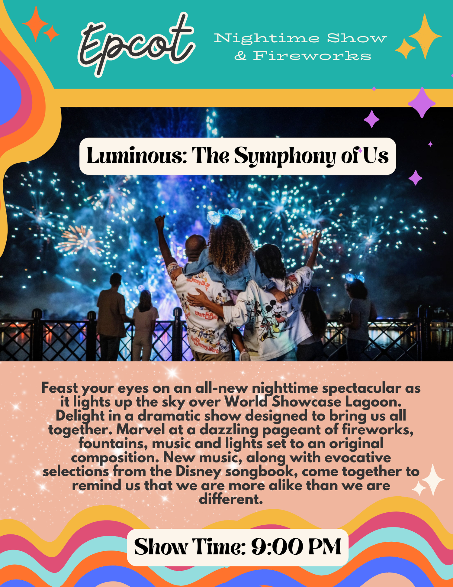 Colorful Disney World fireworks and light show promotional banner featuring sparkly designs and event time details.