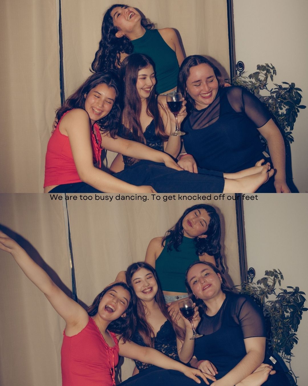 Four young women laughing and dancing together in a fun double photo collage at a house party.