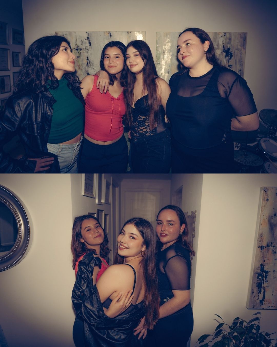 Four young women posing together at a party, wearing colorful outfits in a warmly lit indoor setting.