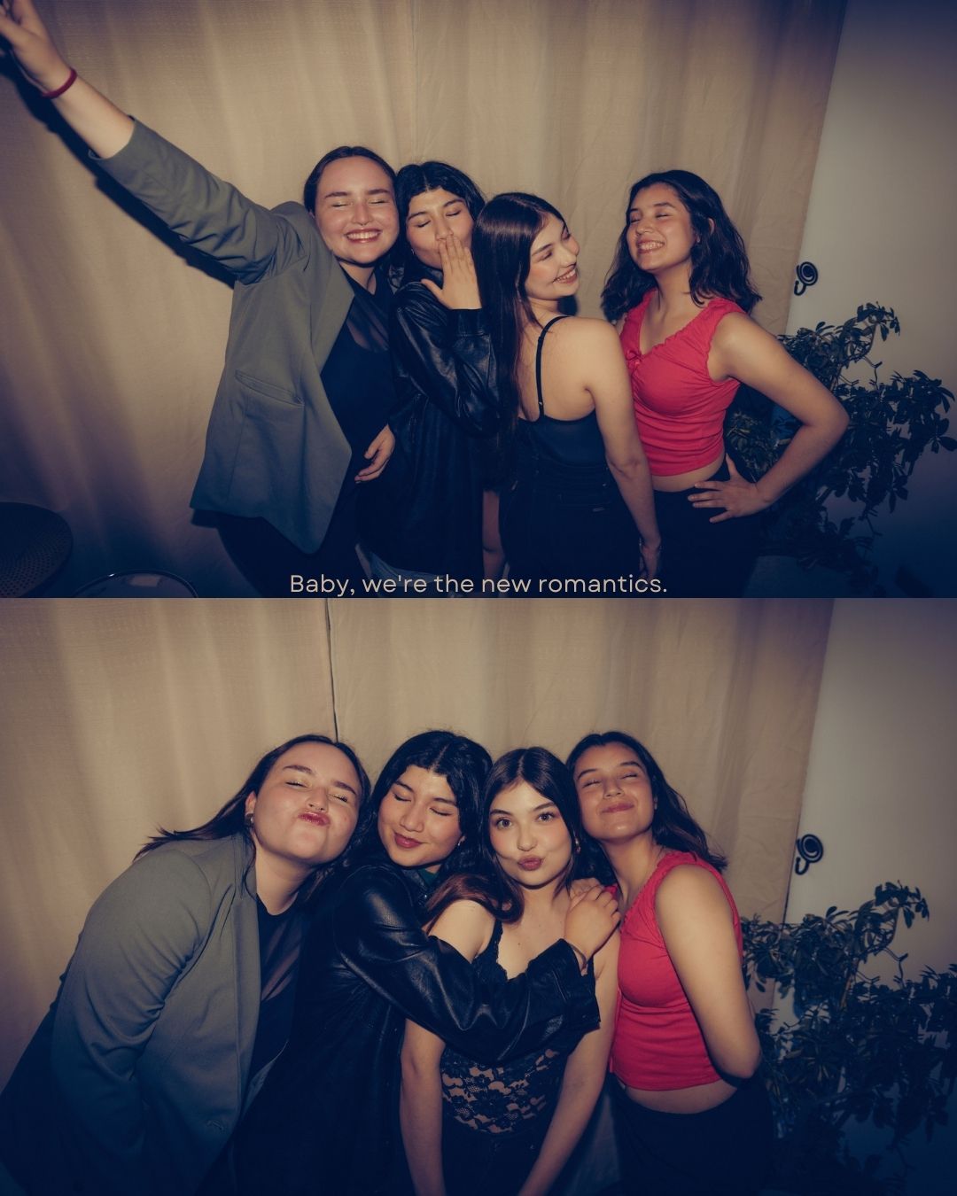 Four friends posing playfully in two photos at a party with a Taylor Swift lyric overlay.