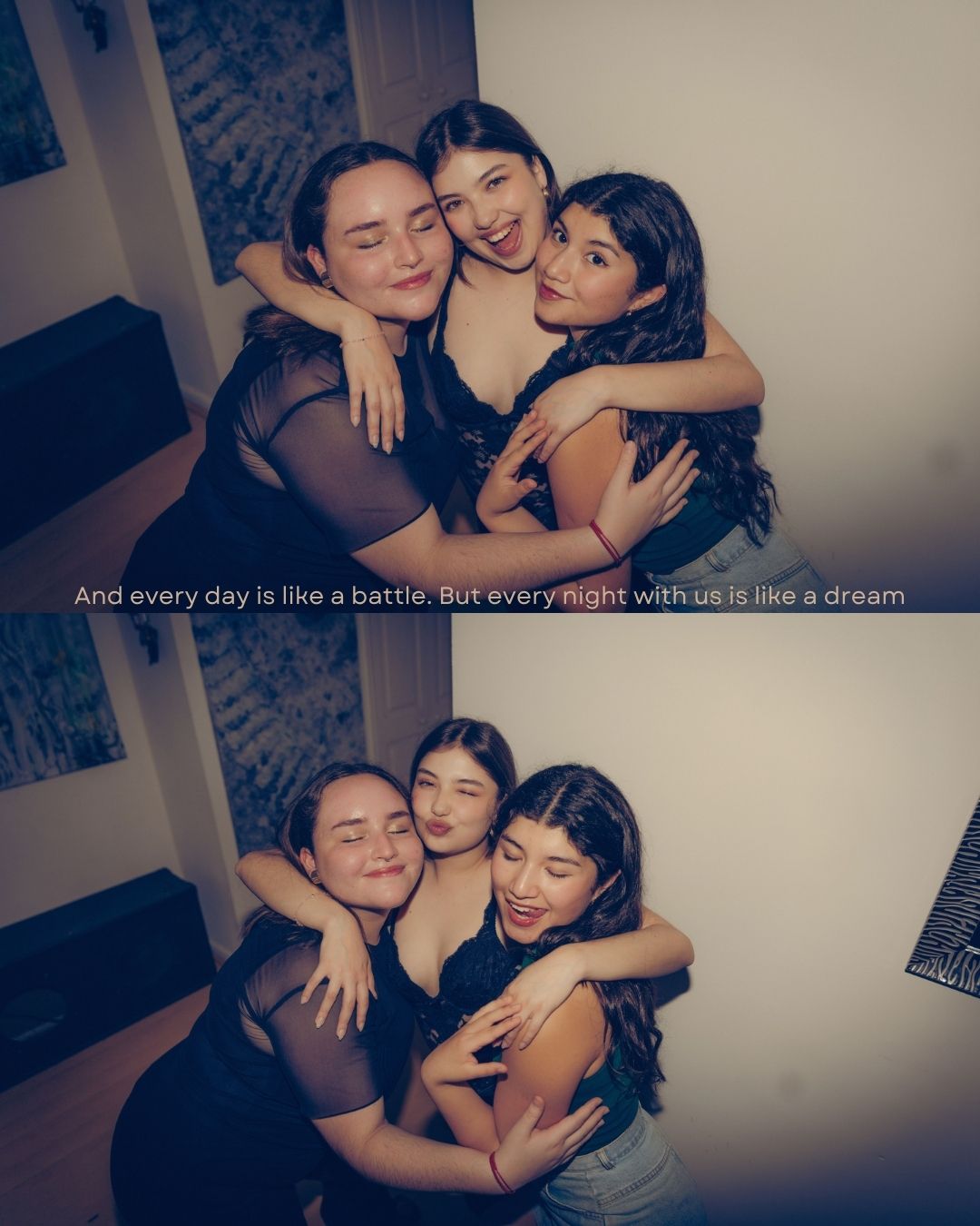 Four young women hugging and smiling together in a warm, joyful group photo at a house party.
