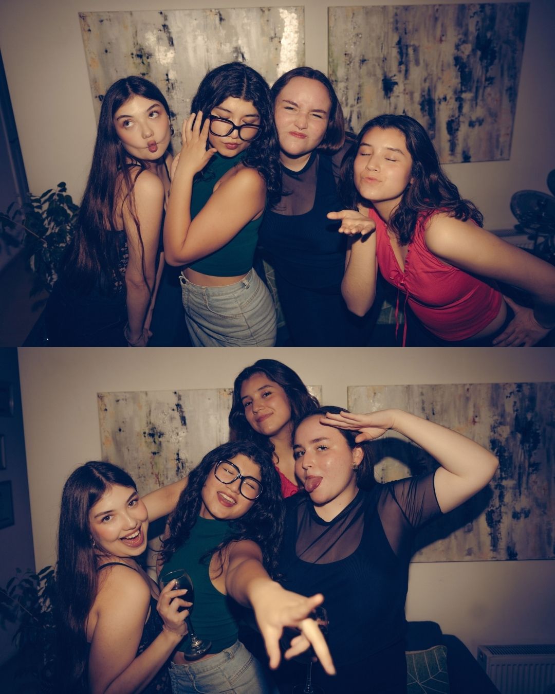 Group of five teenage girls posing and making fun faces together in a photo booth style collage.