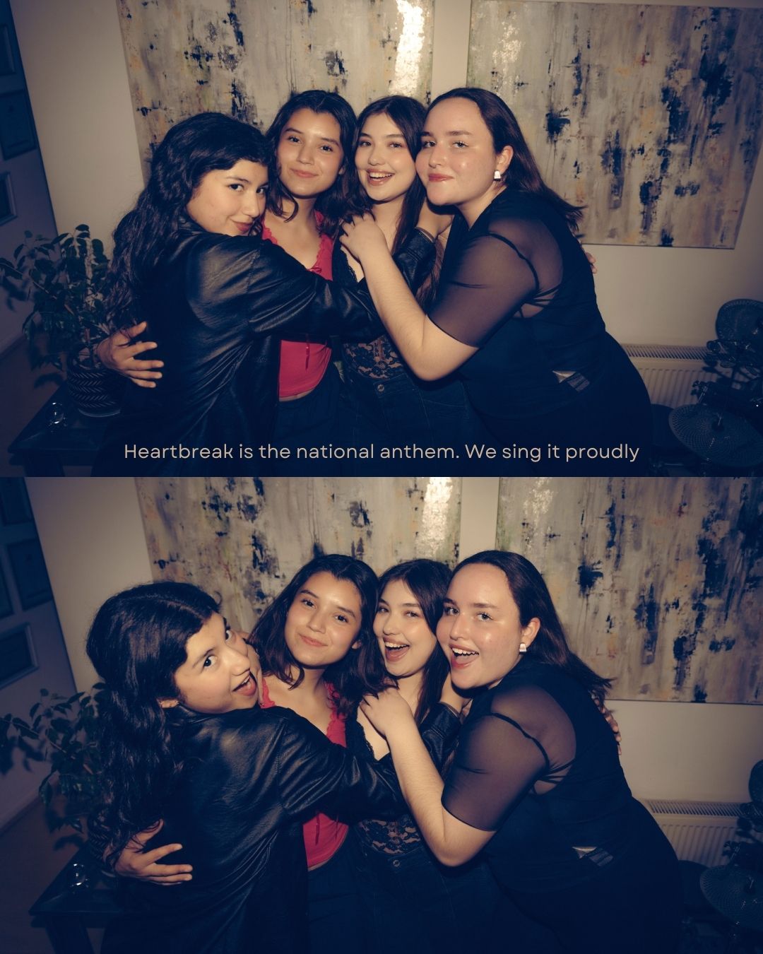 Group of four young women hugging and smiling together in a fun double photo at a house party.