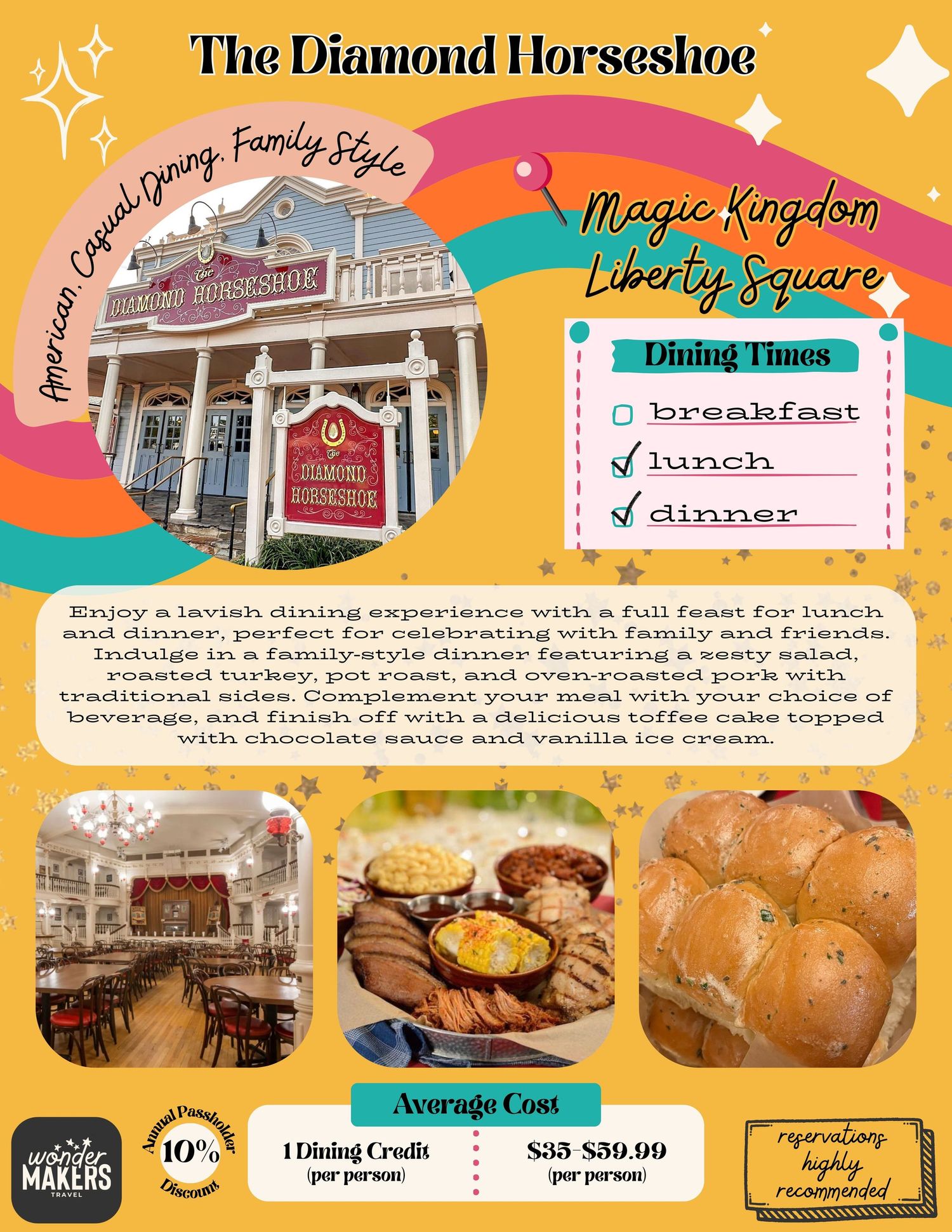 A colorful promotional image for The Diamond Horseshoe restaurant at Magic Kingdom featuring restaurant exterior and food photos.