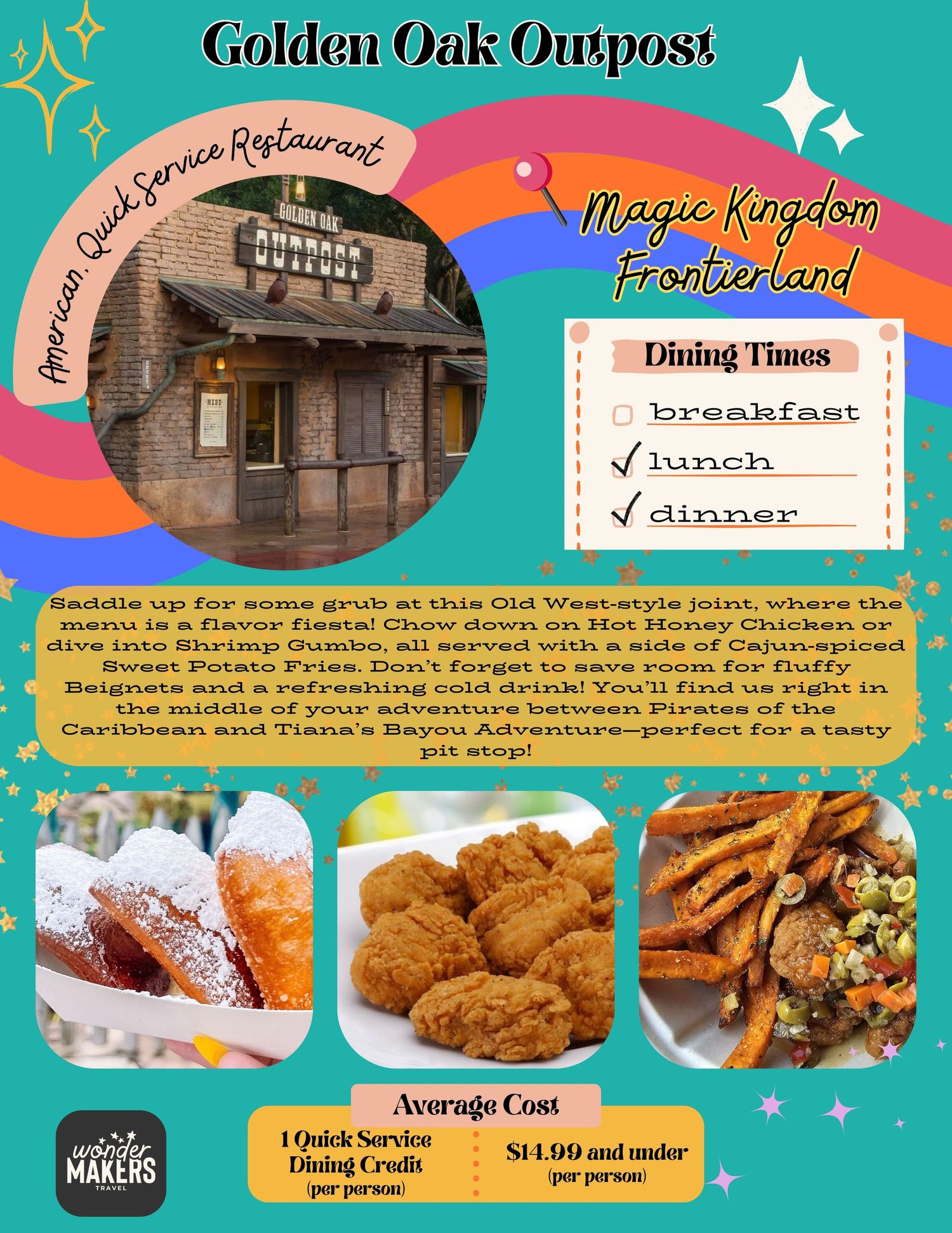 Photos of colorful restaurant dishes and menu items at Golden Oak Outpost in Disney World's Magic Kingdom theme park.