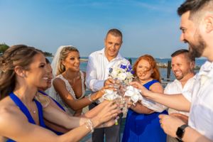 Wedding party toasting with drinks on beach with ocean view.