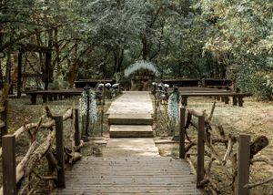 Rustic wooden bridge pathway leads to a romantic wedding ceremony setup in a wooded area.