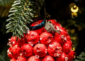 A close-up of a red wedding ring display nestled among evergreen branches with bokeh lighting.