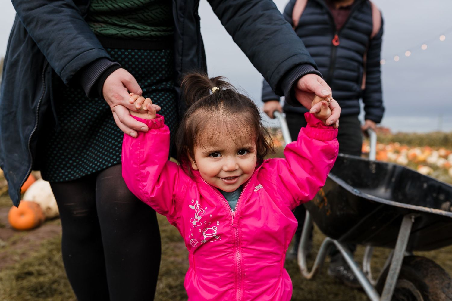 Child in bright pink jacket holds hands up while walking at pumpkin patch. Photographer. Hull. East Yorkshire. Photography