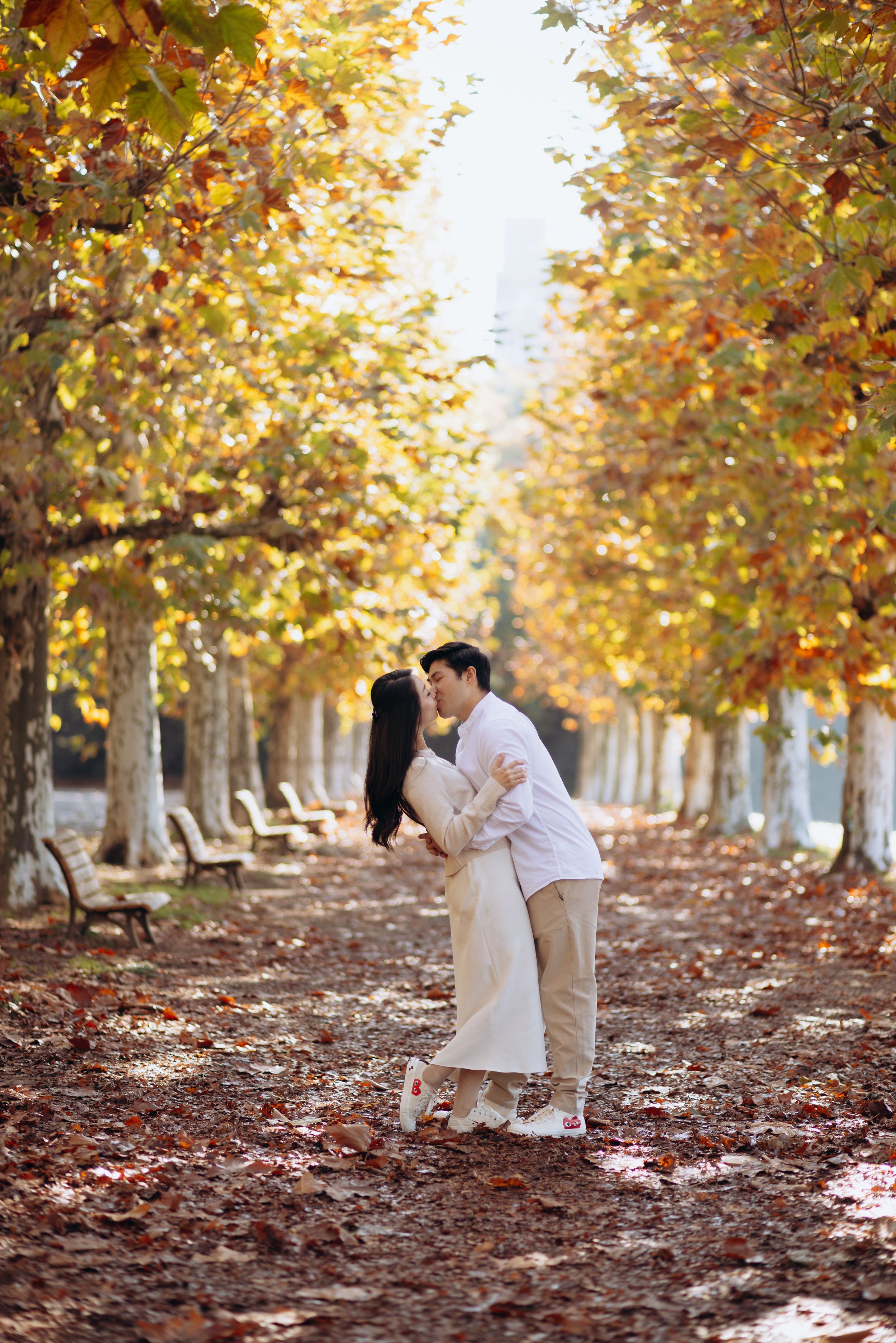 A romantic autumn scene in a tree-lined avenue with falling leaves and golden foliage overhead at Shinjuku Gyoen National Garden