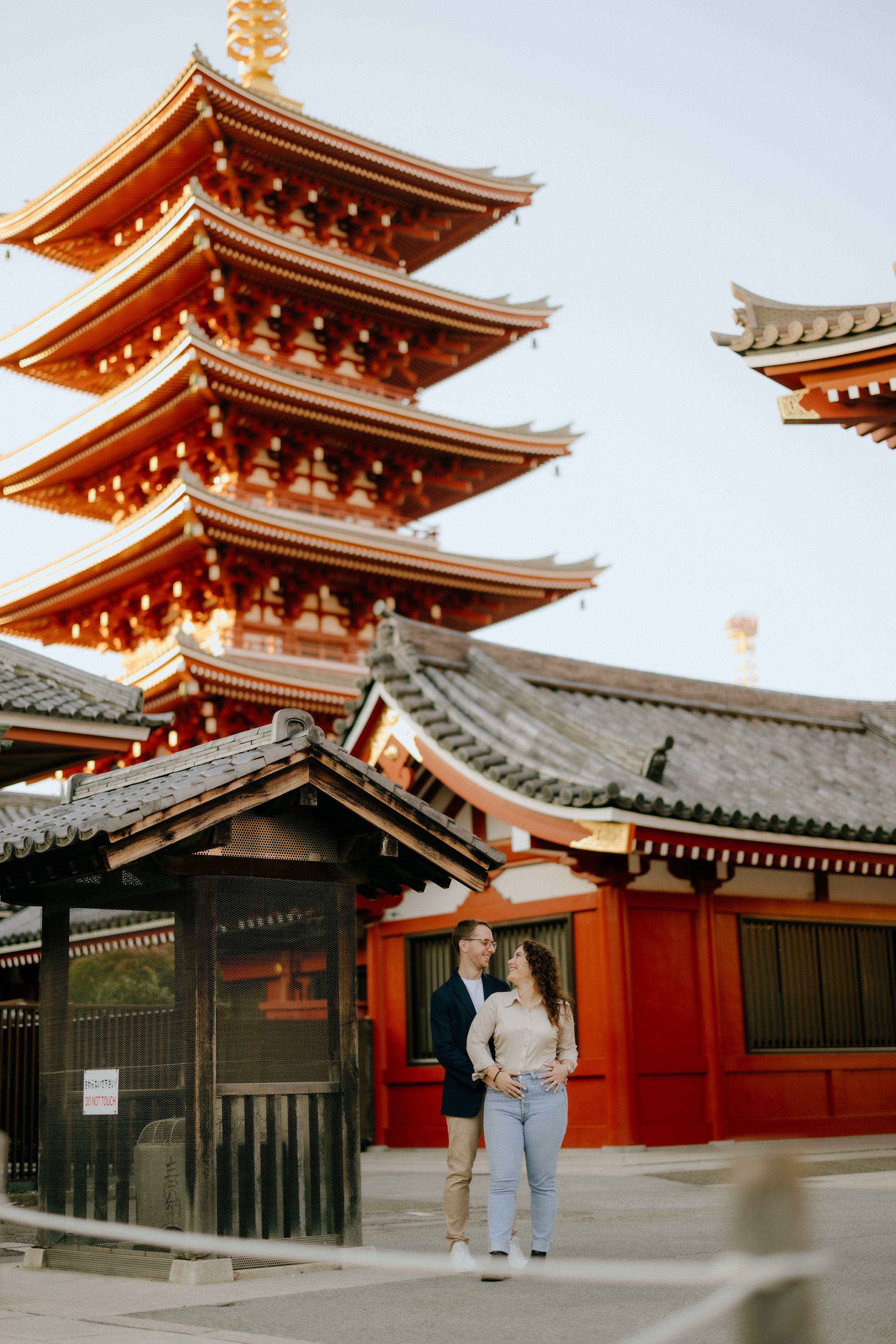 Beautiful traditional Japanese pagoda with five-tiered orange roof at Sensoji Temple in Asakusa, Tokyo.