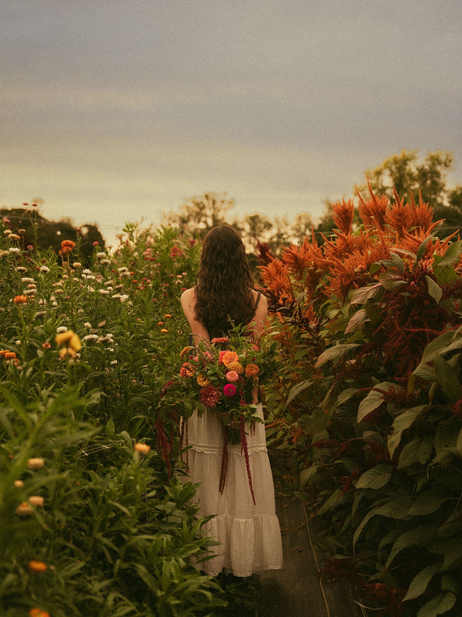 Woman in white dress holding colorful bouquet walks through vibrant flower field at dusk.