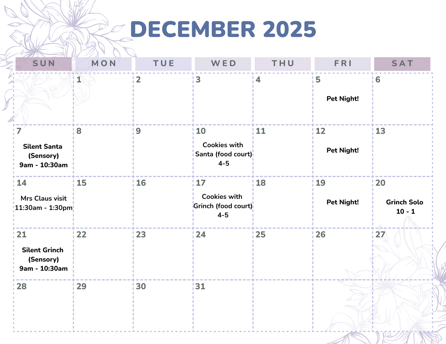 December 2025 calendar template with snowflake design elements.