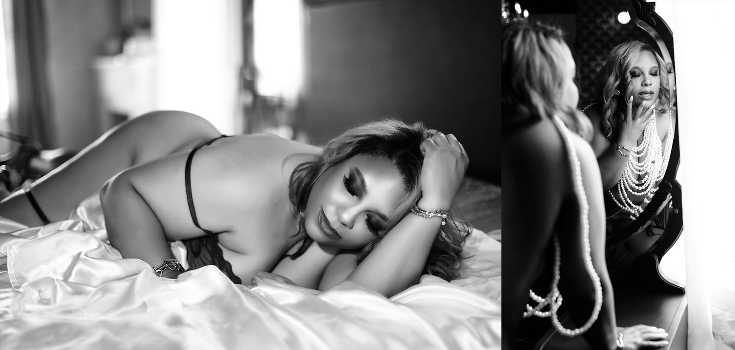 Artistic black and white boudoir photographs showing intimate poses on white bedding.