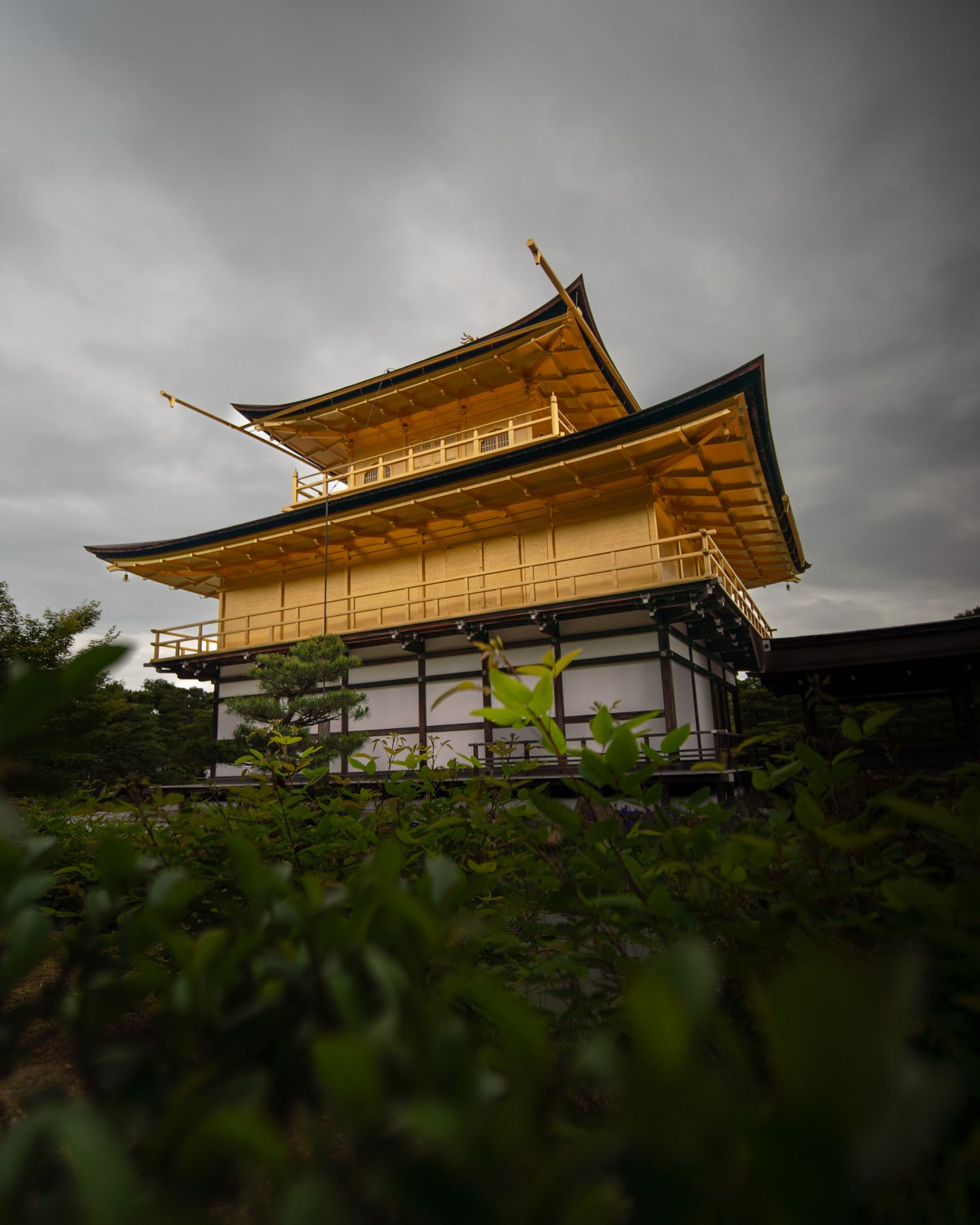 A golden Buddhist temple with dramatic tiered roofs against a moody gray sky.