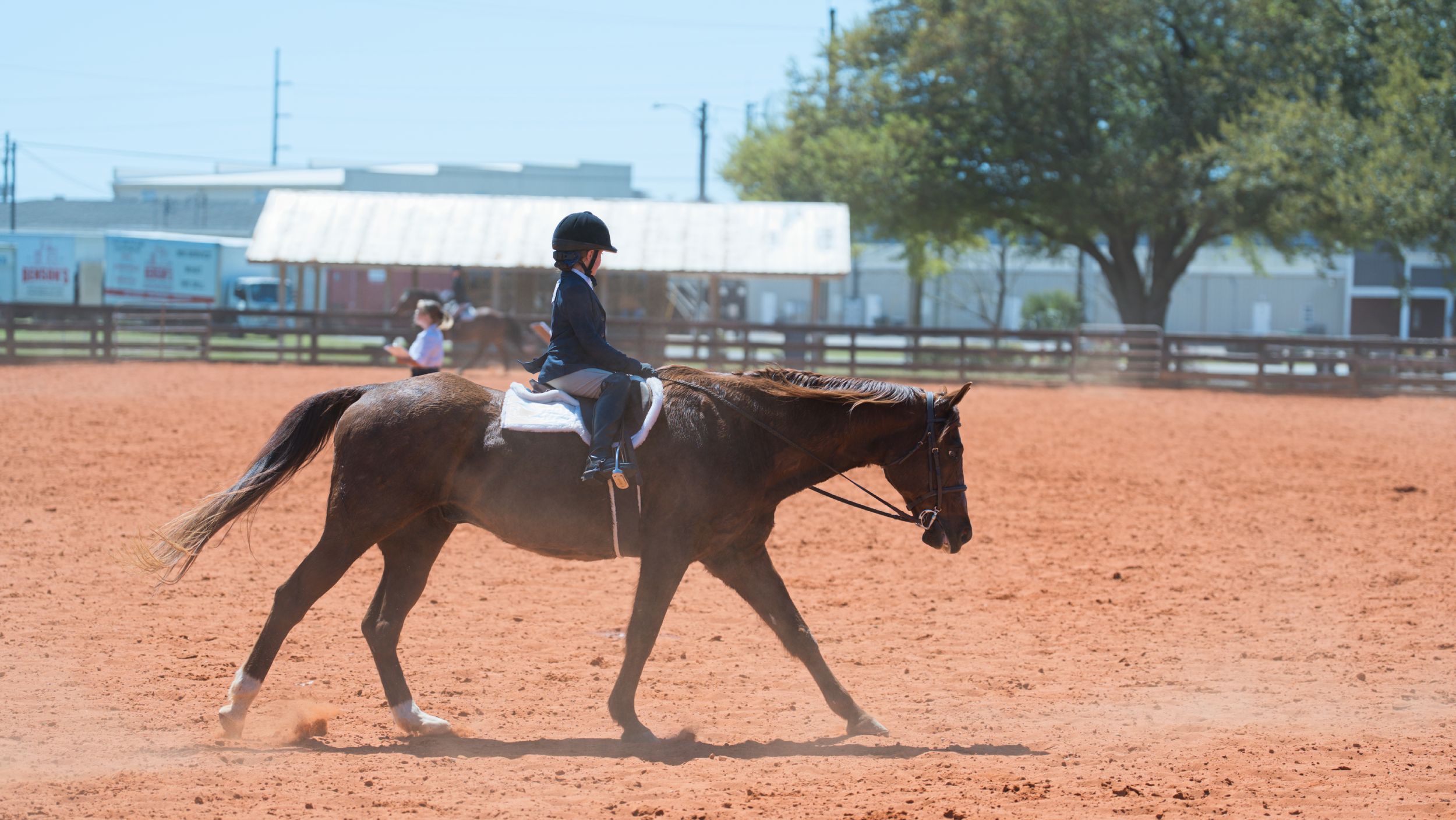 A horse and rider practice dressage movements on a sandy arena surface in an outdoor riding facility.