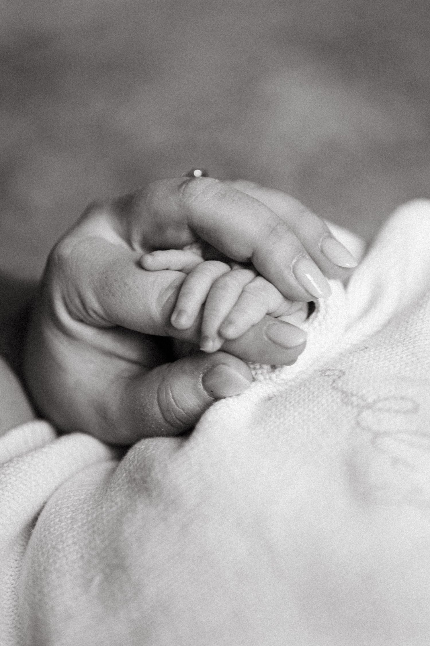 A close-up black and white photograph of tiny baby hands grasping against soft white fabric.