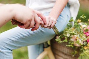 A person's hands carefully picking fresh red currants from a bush in a summer garden.