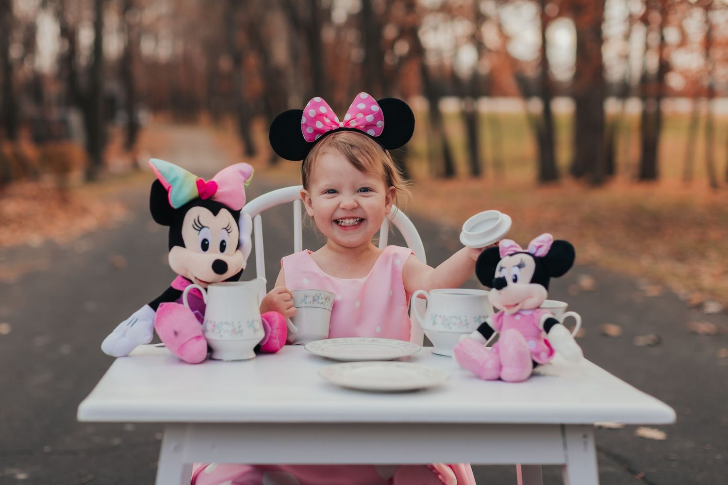 Pink Minnie Mouse themed birthday party table setup with plush toys and place settings.