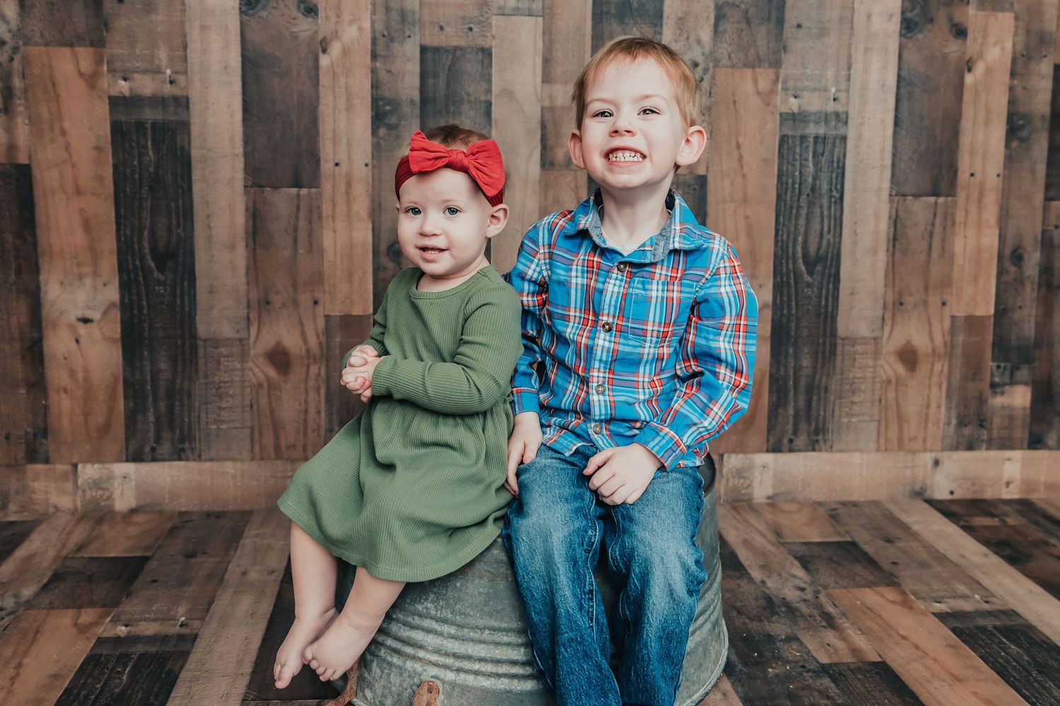 Series of casual portrait photos with children in front of a rustic wooden fence.