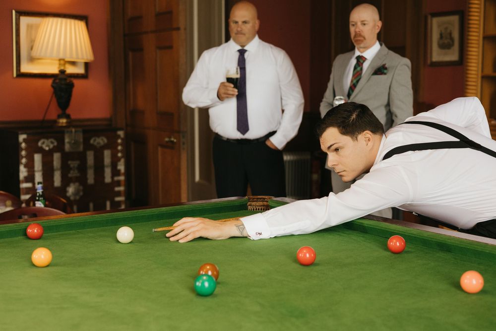 Multiple action shots of snooker players taking aim at colored balls on a green felt table.