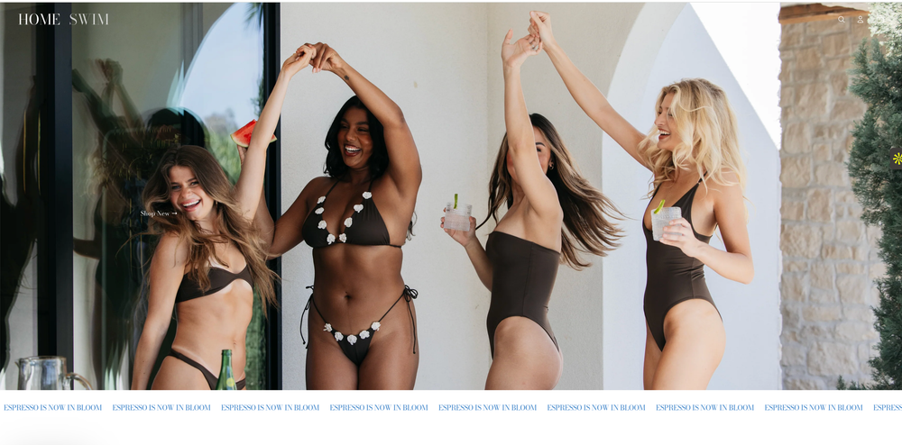Four women in stylish swimwear posing together, showcasing diverse bikinis and one-piece swimsuits in a bright outdoor setting.