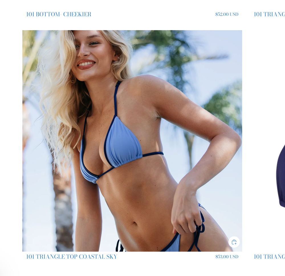 Woman in blue triangle bikini top and cheeker bottom posing outdoors, Coastal Sky swimwear collection.