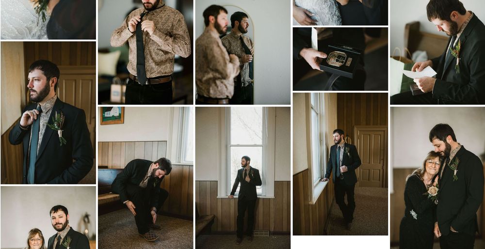 A collection of moody wedding photography images showing intimate moments between couples in various indoor settings.