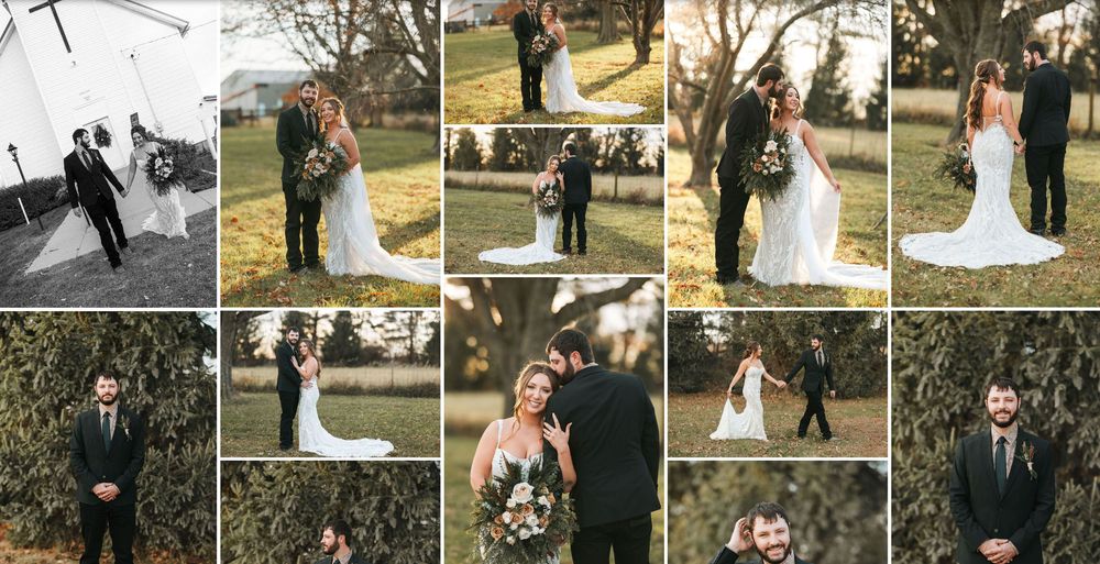 A collage of romantic wedding photos captured outdoors featuring couples in formal attire against natural backdrops.