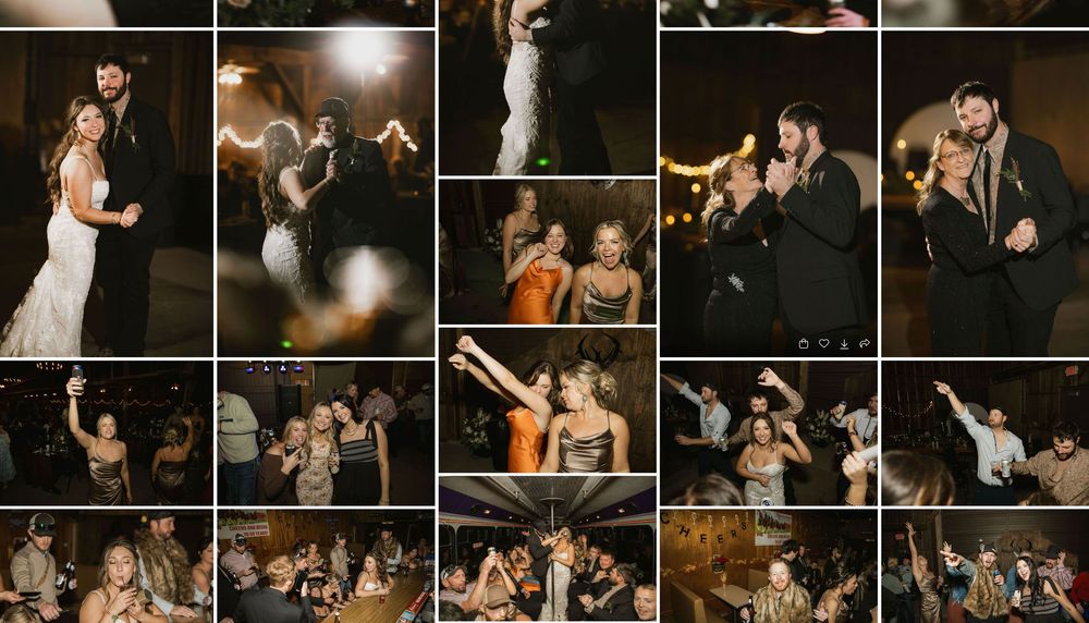 A collection of candid dance floor moments at a dimly lit wedding reception shows couples dancing and celebrating.