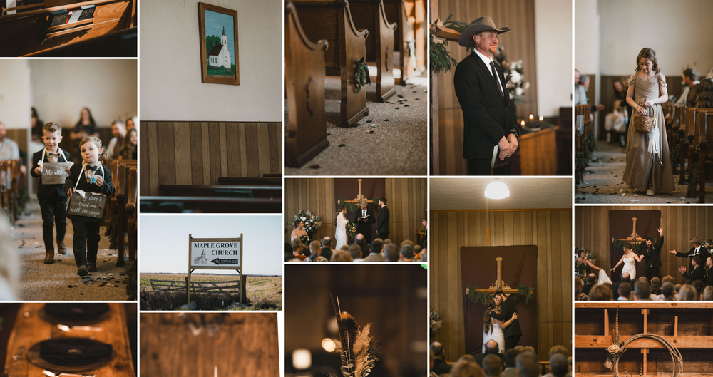 A collection of wedding photography thumbnails showing venue details, decorations, and candid moments in warm tones.