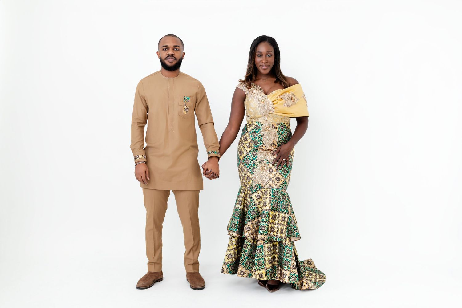 A couple wearing matching tan and floral outfits poses together in multiple poses against a white background.