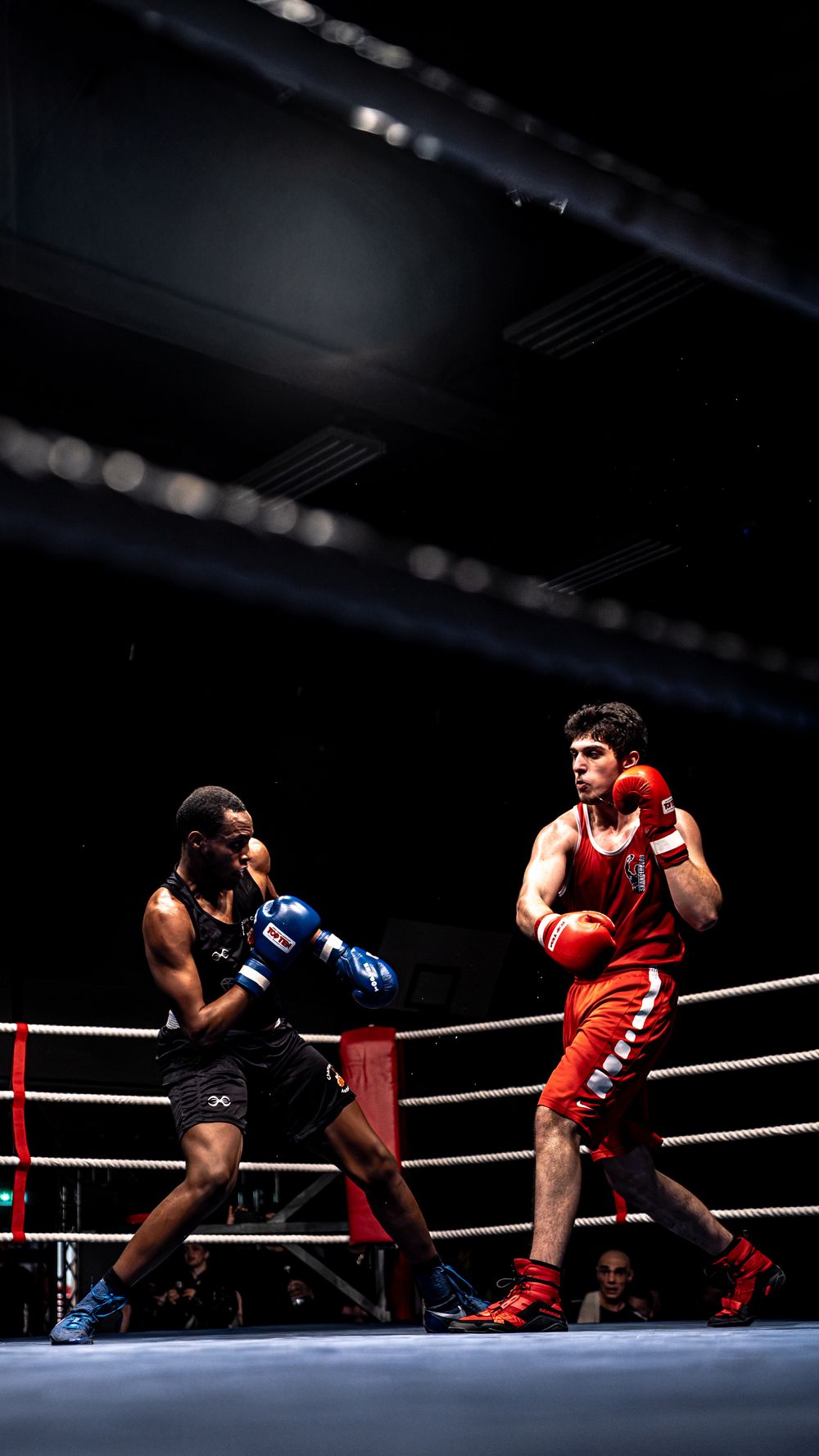 Two boxers compete in a professional boxing ring, one in blue gloves and black gear, the other in red gear and gloves.