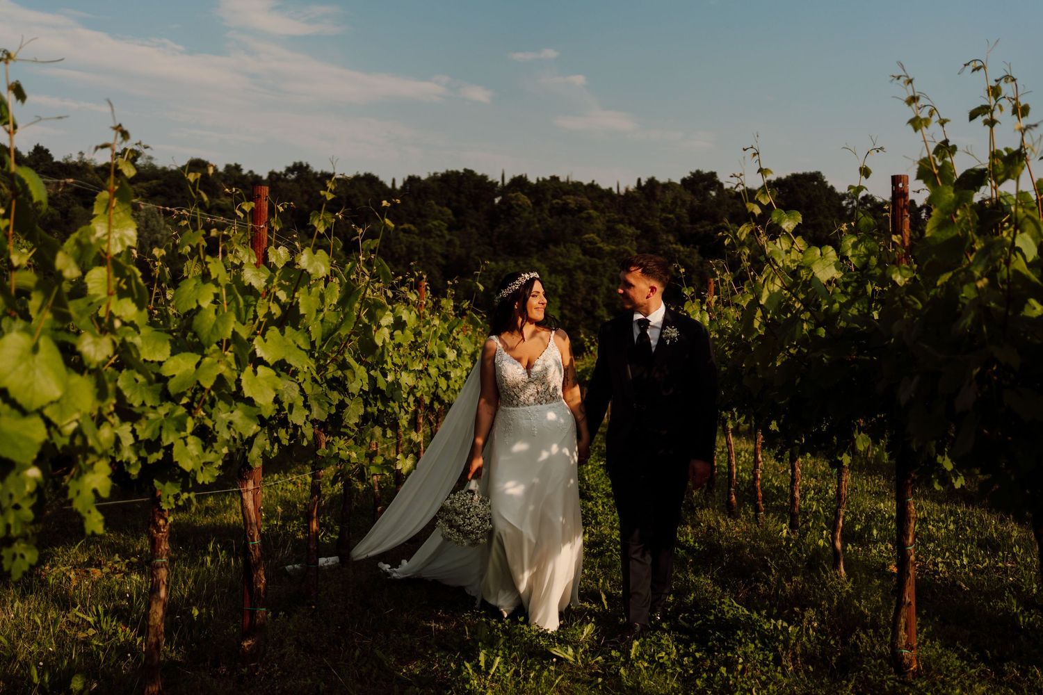 Bride and groom walking together through golden sunlit vineyard rows at sunset.