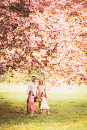 A springtime photo session under blooming pink cherry blossoms on a sunny grassy lawn.