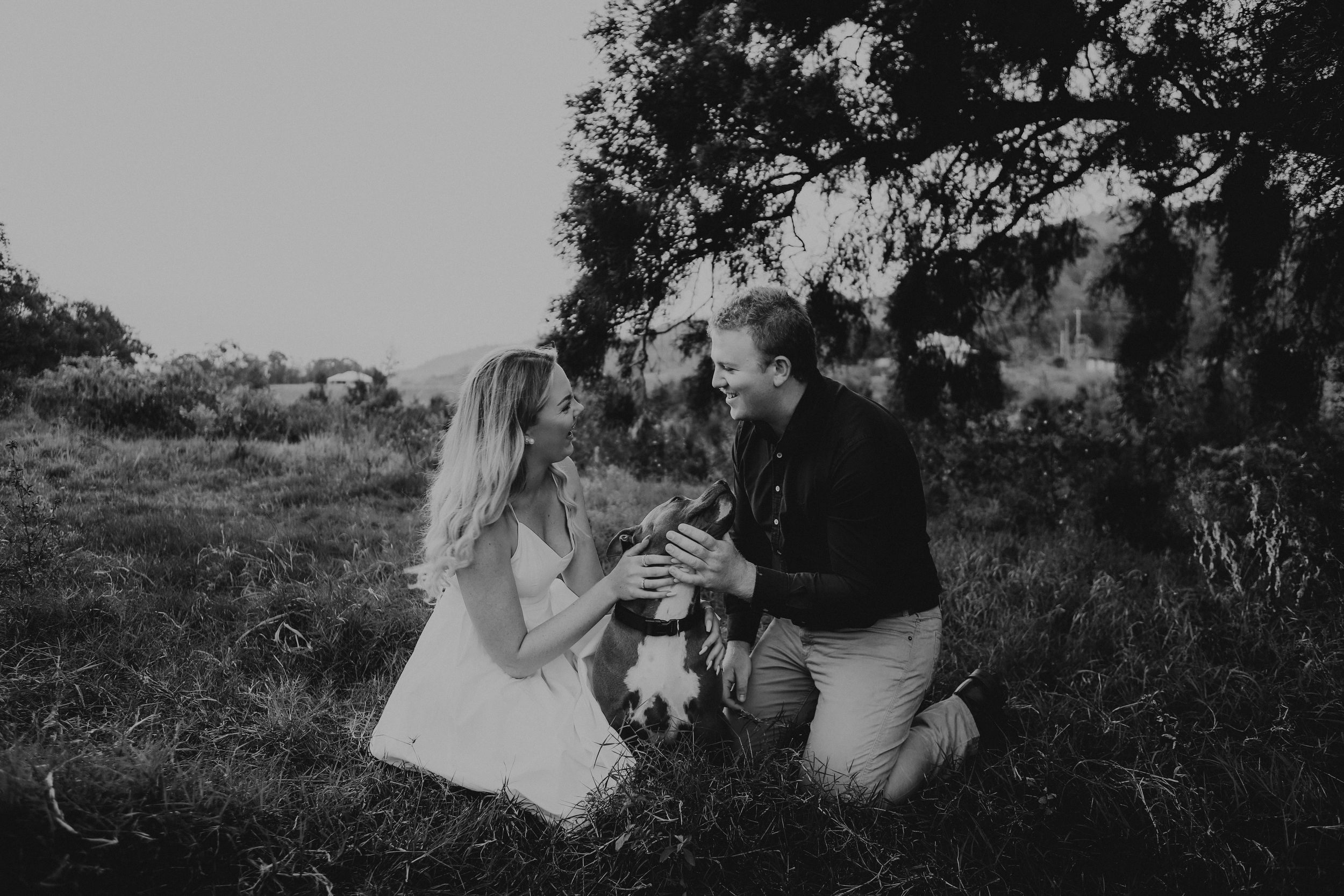 A couple in wedding attire shares romantic moments in a field during sunset.