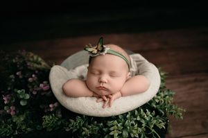 Artistic newborn photography series featuring dark wood backdrop and natural props in a professional studio setting.