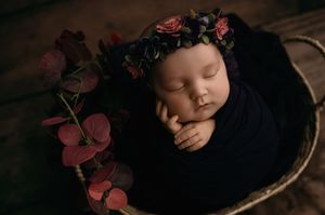 A baby sleeps peacefully in autumn-toned setting with red leaves and natural elements creating a cozy atmosphere.