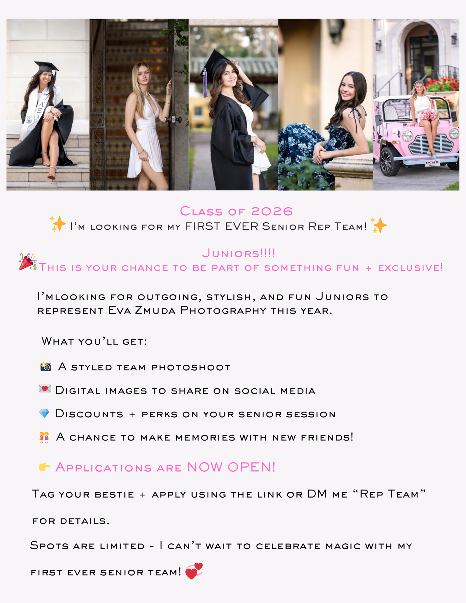 A stylish social media graphic announcing a photography senior team opportunity with pink and gold design elements.