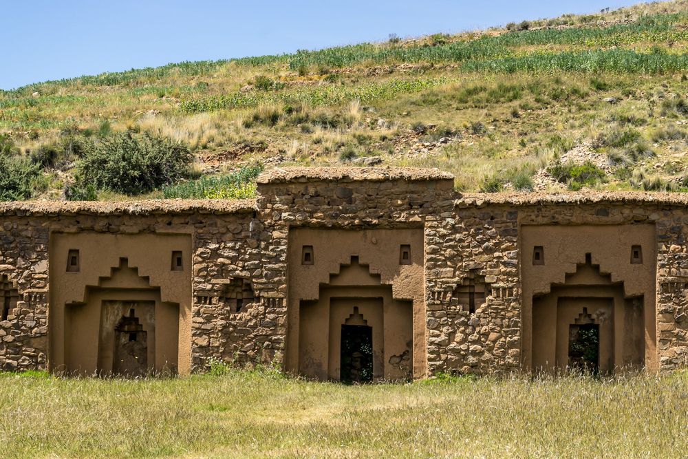 Ancient stone ruins with arched doorways and carved architectural details blend into the arid desert hillside landscape.