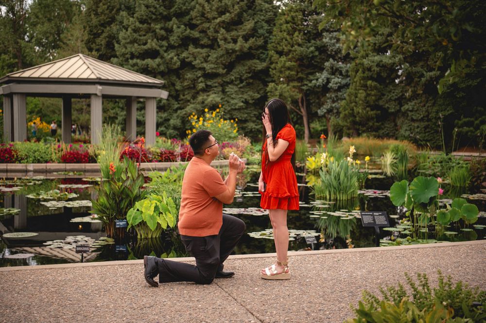 Visitors explore a scenic garden path with benches, gazebos and colorful landscaping on a sunny summer day.