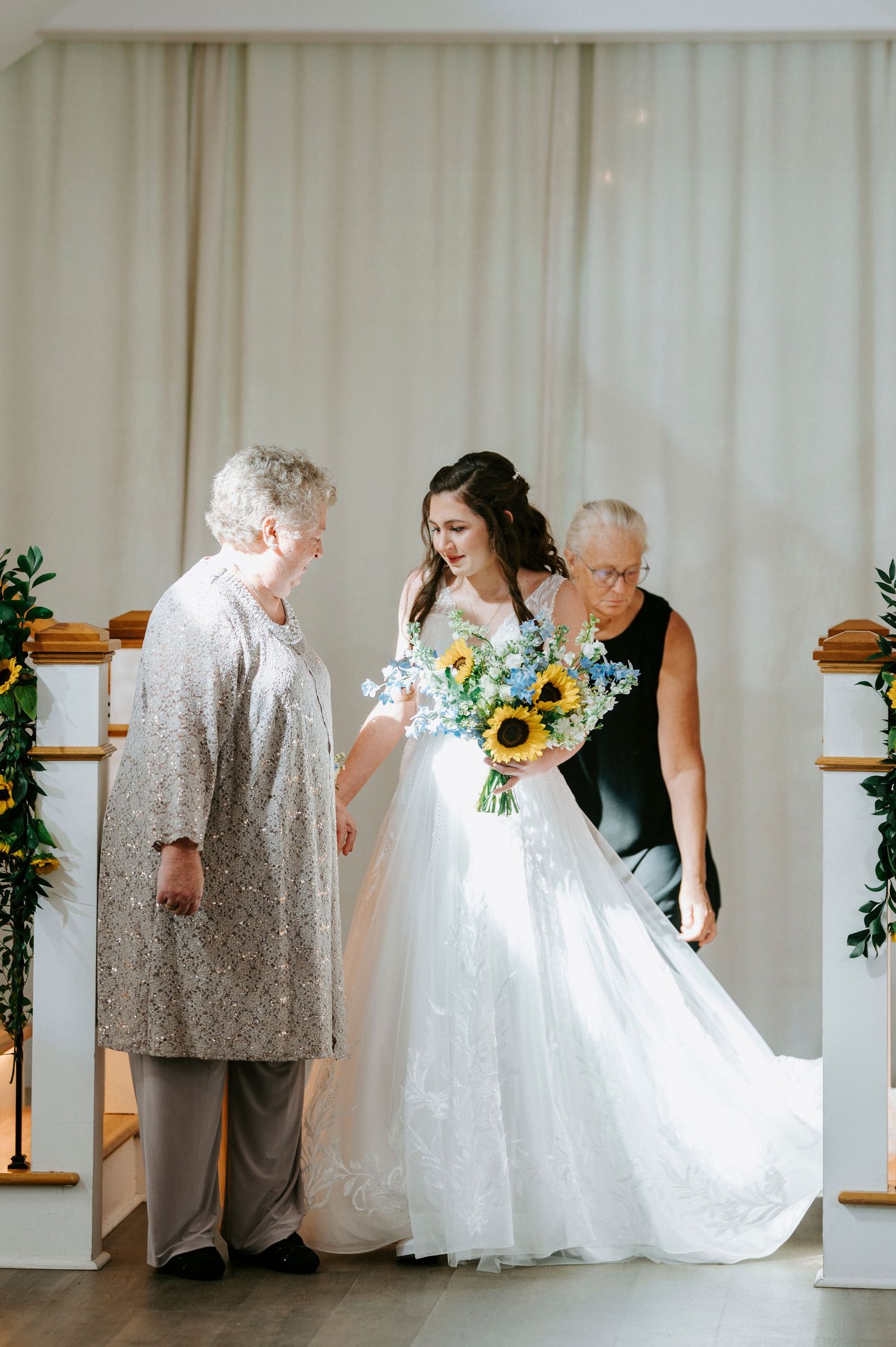 Series of wedding dress photos showing emotional dress reveals with family members.