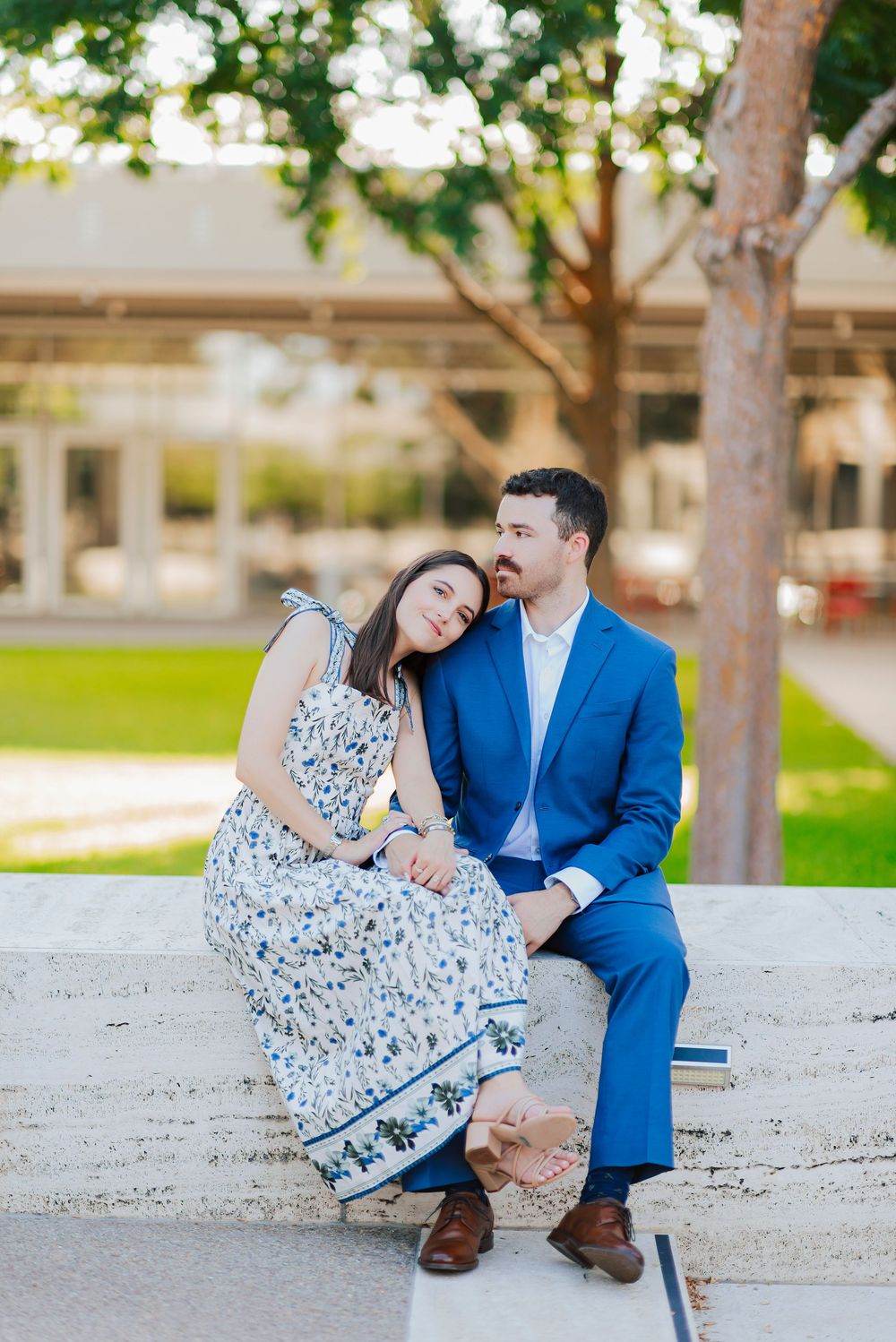 “Romantic engagement photo outside Kimbell Art Museum, top engagement photo location in DFW