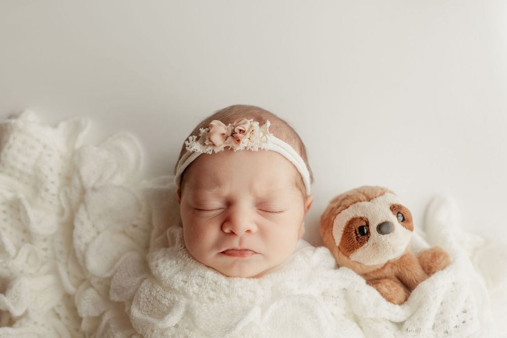 newborn girl on cream background, with stuffed sloth, taken by Jen Knightstep, Photographer