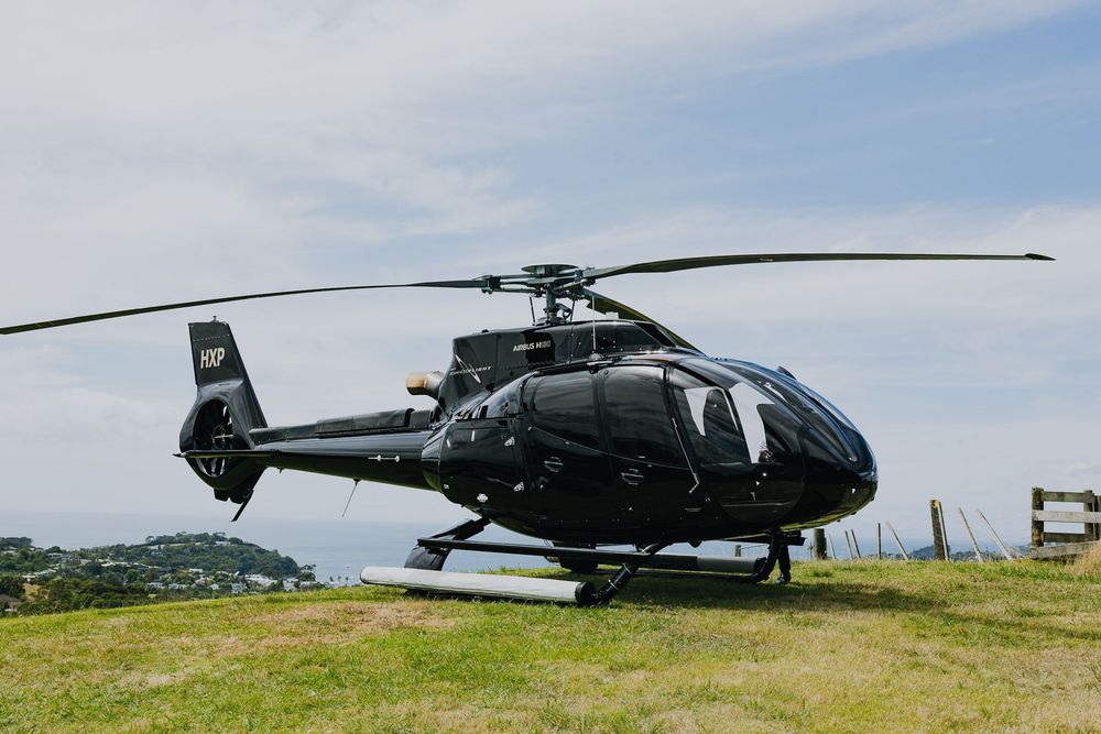 Military helicopters parked in a row on grassy terrain with hills visible in the background.