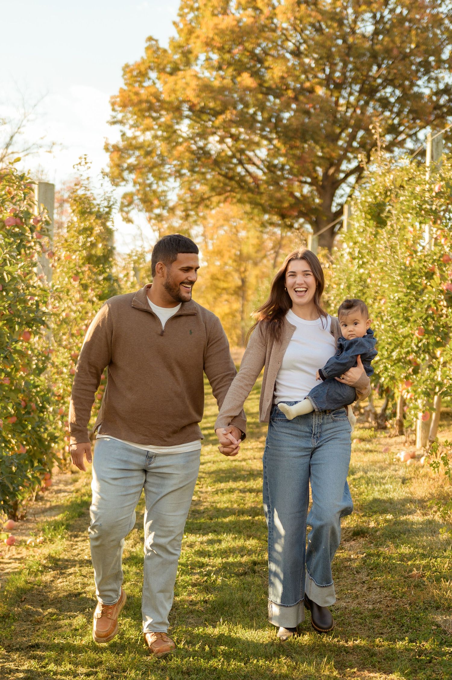 Family members walk hand in hand through an orchard on a beautiful fall afternoon with golden sunlight.