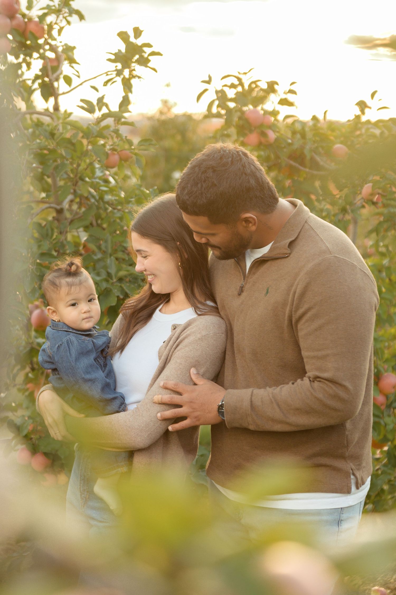 Intimate family moment captured between trees in an orchard during sunset.